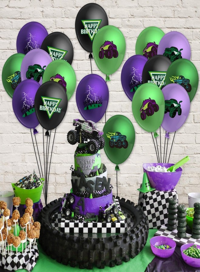 Haooryx Monster Truck Birthday Balloon - 50Pcs Green Purple Monster Truck Lightning Print Latex Balloon Kit for Kid Boy Baby Shower Happy Birthday Themed Party Decoration Photo Prop Backdrop Supply - Image 4