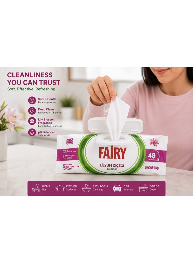 Fairy Multi-Purpose Surface Cleaning Wipes – Lily Flower Scent, 100 Sheets, 48-Hour Freshness - Image 2