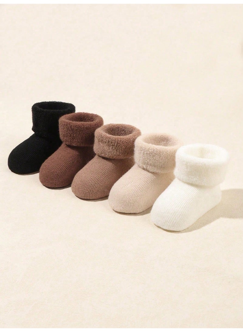 5 Pairs Infant Winter Thick Warm Socks Solid Turn-Cuff Terry Lined Crew Booties for Autumn and Winter Age 6-12 Months - Image 1