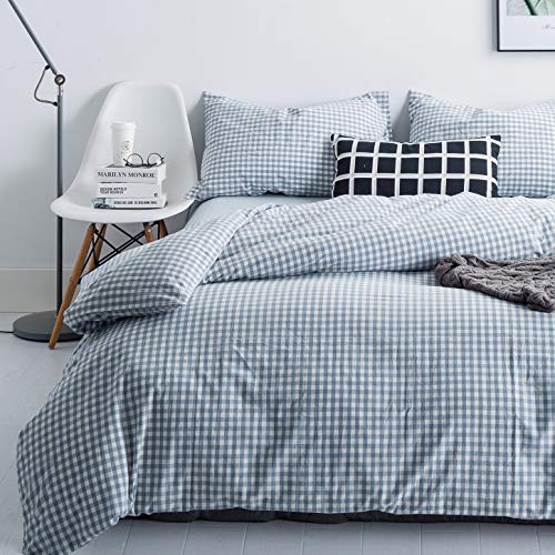 SUSYBAO Gingham Duvet Cover King 100% Washed Cotton Light Blue Plaid Duvet Cover 3 Pieces Set 1 Blue Grid Duvet Cover with Zipper Ties 2 Pillowcases Luxury Soft Gingham Bedding Set Breathable Durable - Image 2