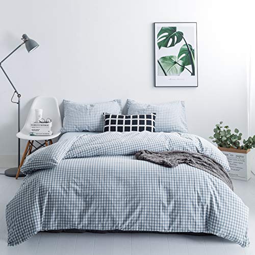 SUSYBAO Gingham Duvet Cover King 100% Washed Cotton Light Blue Plaid Duvet Cover 3 Pieces Set 1 Blue Grid Duvet Cover with Zipper Ties 2 Pillowcases Luxury Soft Gingham Bedding Set Breathable Durable - Image 1