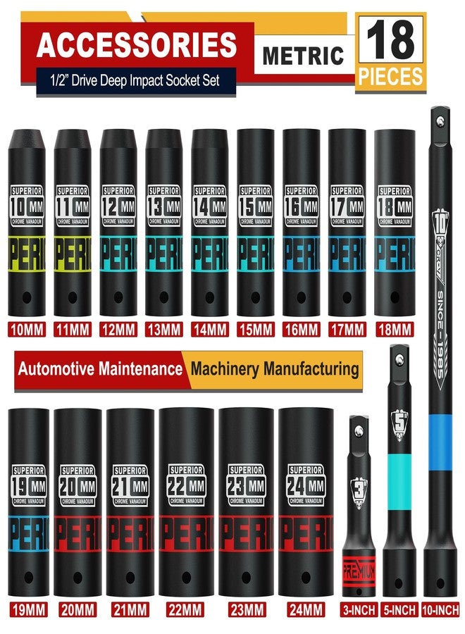 Aiourx 18 Piece 1/2” Drive Deep Impact Socket Set, 10mm - 24mm, with Extension Bars:3-inch, 5-inch, 10-inch, Metric, 6-Point, CR-V Steel, Automotive Maintenance, Machinery Manufacturing - Image 2