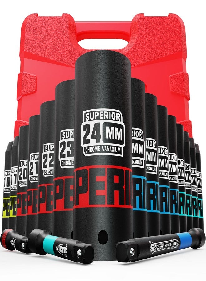 Aiourx 18 Piece 1/2” Drive Deep Impact Socket Set, 10mm - 24mm, with Extension Bars:3-inch, 5-inch, 10-inch, Metric, 6-Point, CR-V Steel, Automotive Maintenance, Machinery Manufacturing - Image 1