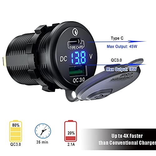 GemCoo 63W USB C Car Charger Socket, 45W PD Outlet 18W QC3.0 Charger 12V USB Cigarette Lighter Socket with LED Voltmeter for Car RV Boat Marine Truck Motorcycle - Image 2