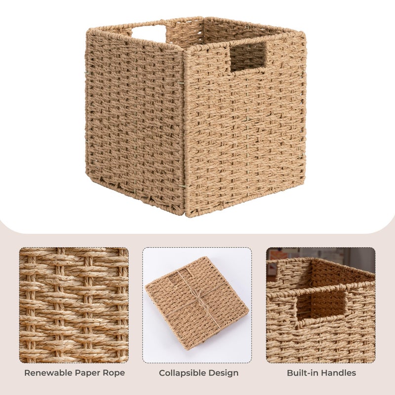 StorageWorks 11 inch Wicker Baskets, Handwoven Storage Cubes with Handles, Foldable Paper Rope Basket for Organizing, Natural, 2 Pack - Image 3