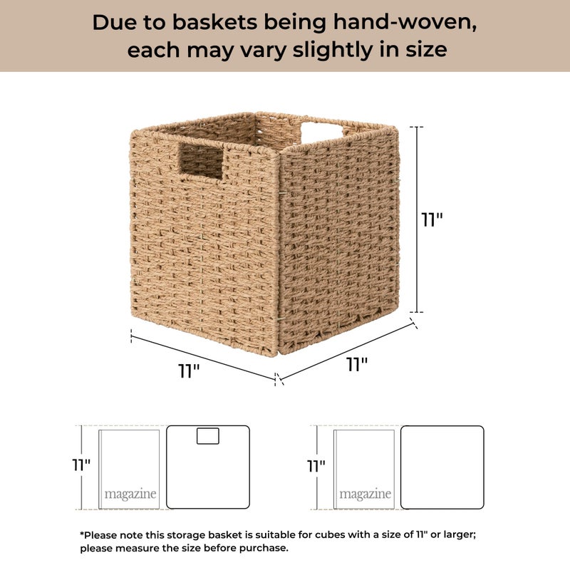 StorageWorks 11 inch Wicker Baskets, Handwoven Storage Cubes with Handles, Foldable Paper Rope Basket for Organizing, Natural, 2 Pack - Image 2