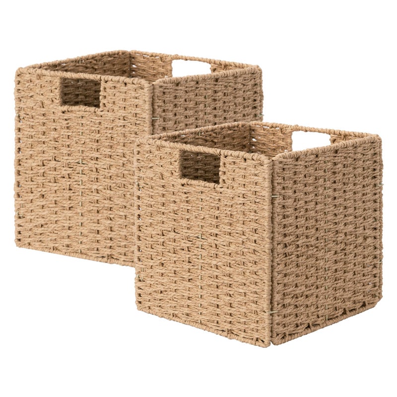 StorageWorks 11 inch Wicker Baskets, Handwoven Storage Cubes with Handles, Foldable Paper Rope Basket for Organizing, Natural, 2 Pack - Image 1