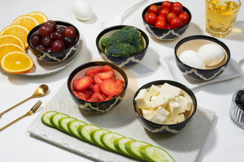 P-PLUS INTERNATIONAL Hand Painted Ceramic Serving Bowl for Kitchen | 200 ML 10 CM | Ceramic Bowl for Oatmeal, Salad, Ramen, Noodle | Dishwasher and Microwave Safe | Gift Set (Black, Set of 6) - Image 4