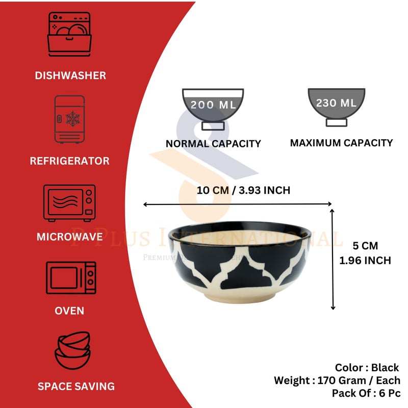 P-PLUS INTERNATIONAL Hand Painted Ceramic Serving Bowl for Kitchen | 200 ML 10 CM | Ceramic Bowl for Oatmeal, Salad, Ramen, Noodle | Dishwasher and Microwave Safe | Gift Set (Black, Set of 6) - Image 2