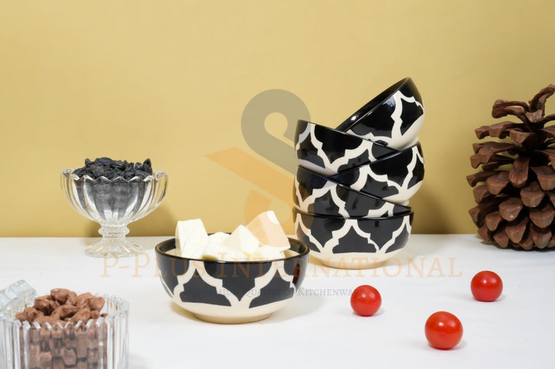 P-PLUS INTERNATIONAL Hand Painted Ceramic Serving Bowl for Kitchen | 200 ML 10 CM | Ceramic Bowl for Oatmeal, Salad, Ramen, Noodle | Dishwasher and Microwave Safe | Gift Set (Black, Set of 6) - Image 3