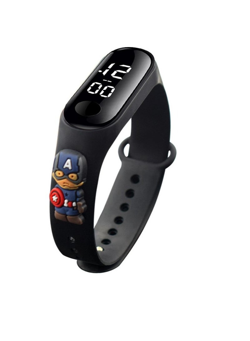 AROAQ Digital Watch Silicone Bracelet, Waterproof Children Cartoon Fashion Watch, Lightweight LED Digital Watch Strap, Comfortable Kids Wrist Watch For Teens Boys Girls, (1pc Black, Captain America) - Image 1