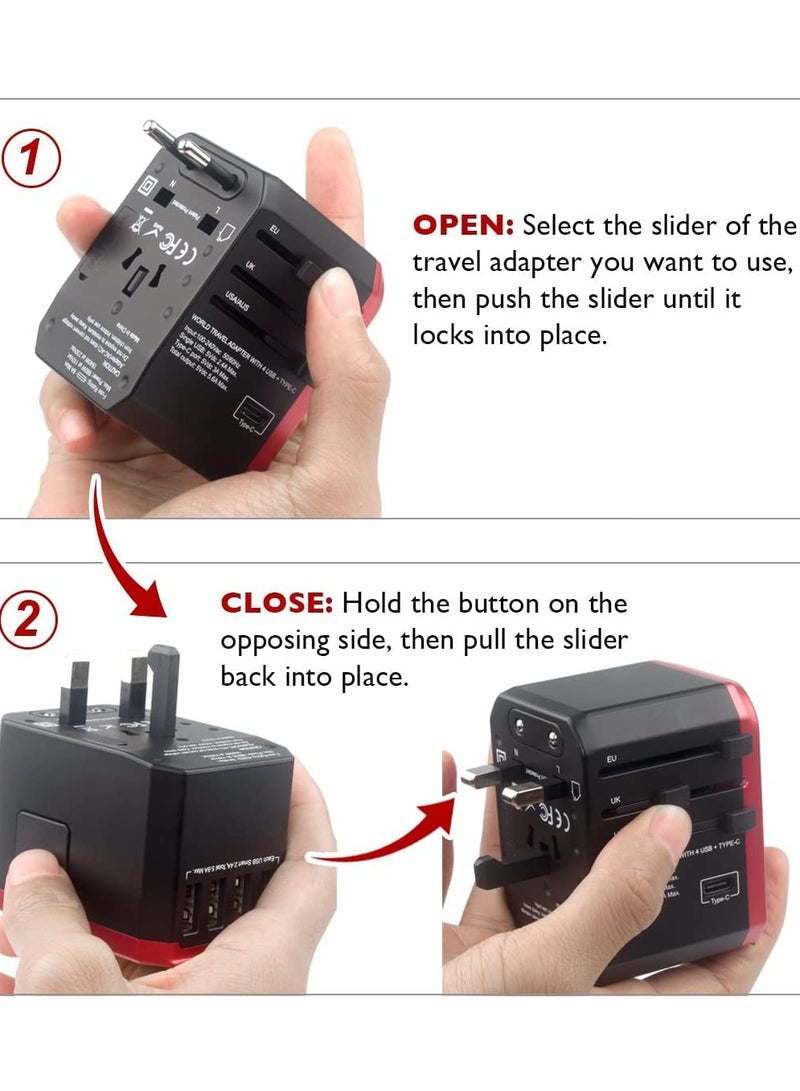 محول السفر العالمي One International Wall Charger AC Plug مع 5.6A Smart Power و 3.0A USB Type-C للولايات المتحدة الأمريكية والاتحاد الأوروبي والمملكة المتحدة وأستراليا الأحمر  - Image 5