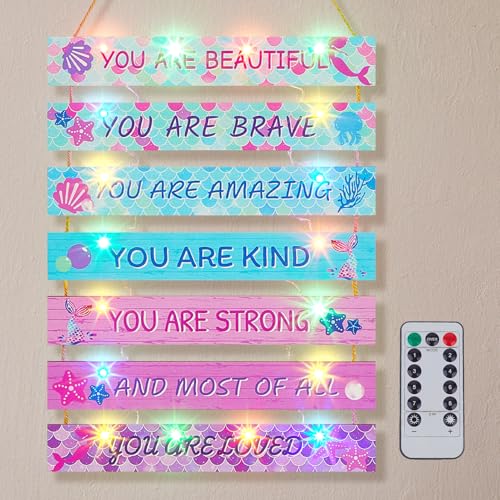 FIOBEE Girls Room Décor for Teen Girls Boys with LED Light Wall Decor for Bedroom Motivational Inspirational Wall Art Room Decoration for Kids Studyroom, 8 Kinds of Lights, Pink Green Mermaid - Image 1