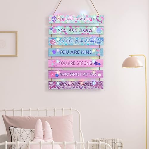 FIOBEE Girls Room Décor for Teen Girls Boys with LED Light Wall Decor for Bedroom Motivational Inspirational Wall Art Room Decoration for Kids Studyroom, 8 Kinds of Lights, Pink Green Mermaid - Image 5