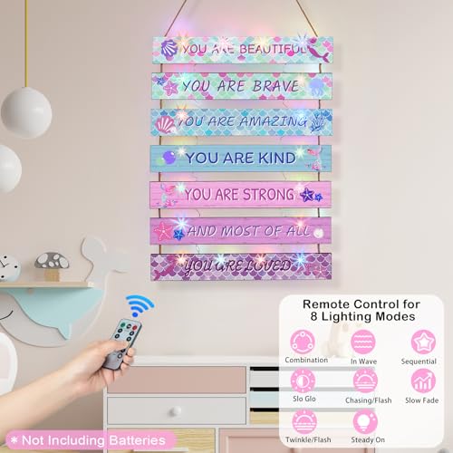 FIOBEE Girls Room Décor for Teen Girls Boys with LED Light Wall Decor for Bedroom Motivational Inspirational Wall Art Room Decoration for Kids Studyroom, 8 Kinds of Lights, Pink Green Mermaid - Image 2