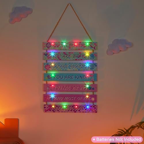 FIOBEE Girls Room Décor for Teen Girls Boys with LED Light Wall Decor for Bedroom Motivational Inspirational Wall Art Room Decoration for Kids Studyroom, 8 Kinds of Lights, Pink Green Mermaid - Image 3