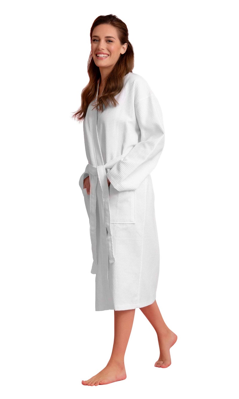 Soft Touch Linen- Cotton Long Robe - Diamond Waffle Weave - Women's Knit Robe Unisex -Softness Cotton, Absorbent, lightweight & Comfortable - (White, Small) - Image 3