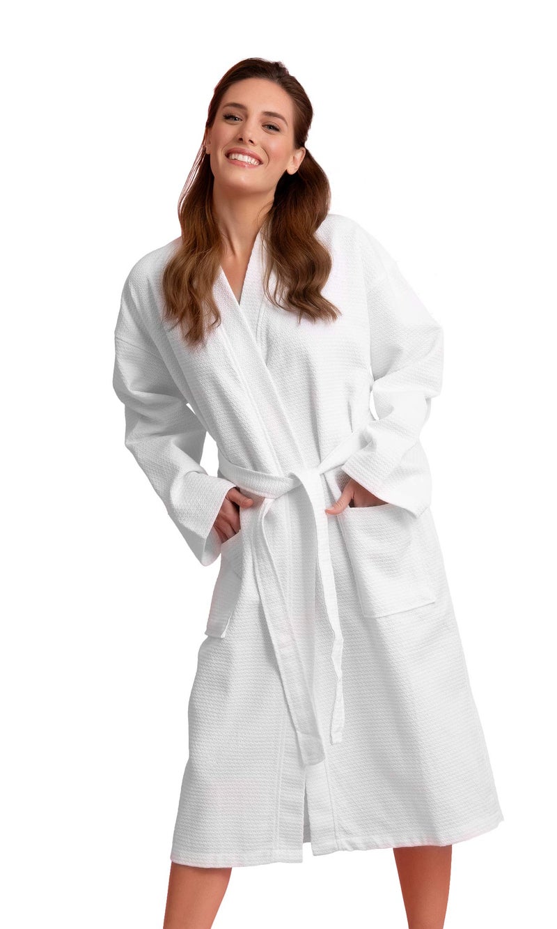 Soft Touch Linen- Cotton Long Robe - Diamond Waffle Weave - Women's Knit Robe Unisex -Softness Cotton, Absorbent, lightweight & Comfortable - (White, Small) - Image 2