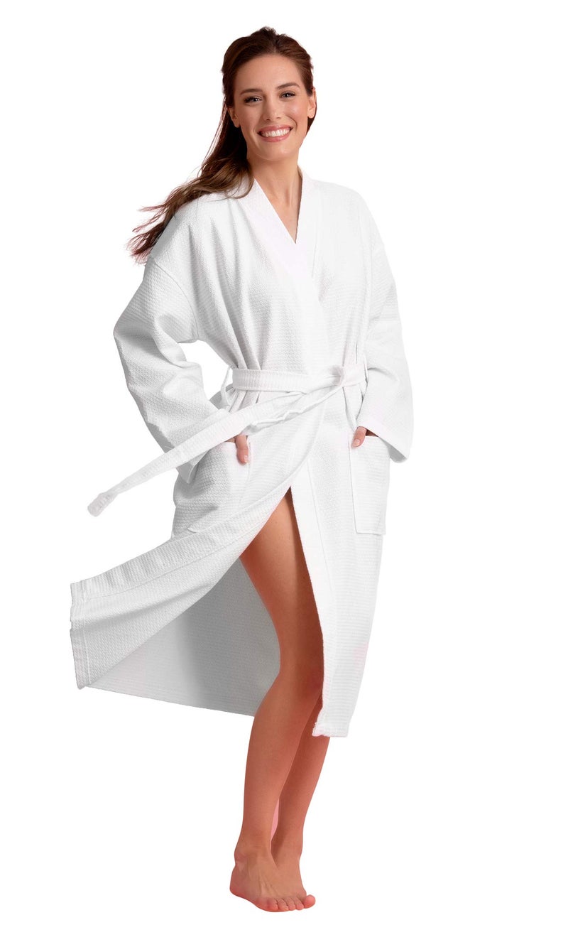 Soft Touch Linen- Cotton Long Robe - Diamond Waffle Weave - Women's Knit Robe Unisex -Softness Cotton, Absorbent, lightweight & Comfortable - (White, Small) - Image 1