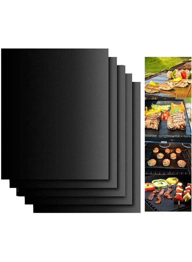 Peachjoy حصيرة شواء باربكيو، 5 حصائر شواء باربكيو غير لاصقة قابلة لإعادة الاستخدام وشبكة خبز معتمدة من إدارة الغذاء والدواء للاستخدام الداخلي والخارجي تعمل على شوايات الغاز والفحم والكهرباء 40x33 سم (أسود) - Image 1