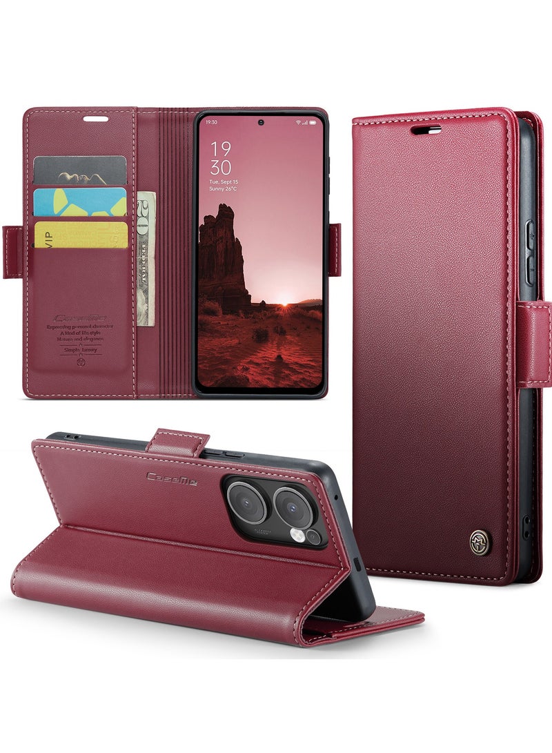 CaseMe Phone Case Luxury PU Leather Design Anti Fingerprint 023 Flip Cover Card Slot Holder Cover For Oppo Reno 13F  (Red) - Image 2