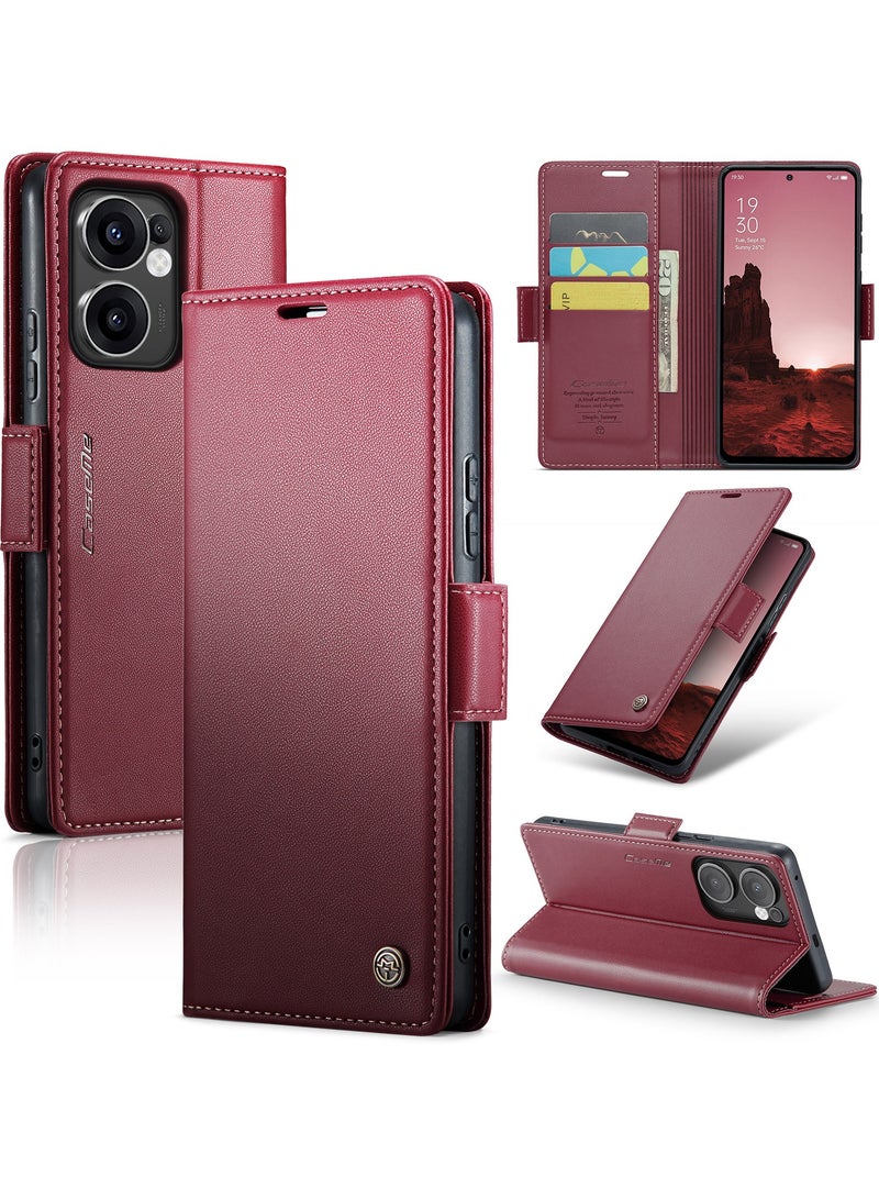 CaseMe Phone Case Luxury PU Leather Design Anti Fingerprint 023 Flip Cover Card Slot Holder Cover For Oppo Reno 13F  (Red) - Image 1