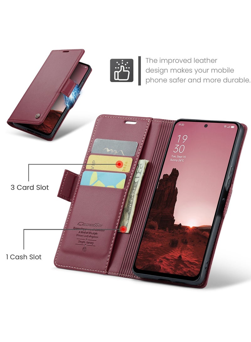 CaseMe Phone Case Luxury PU Leather Design Anti Fingerprint 023 Flip Cover Card Slot Holder Cover For Oppo Reno 13F  (Red) - Image 4
