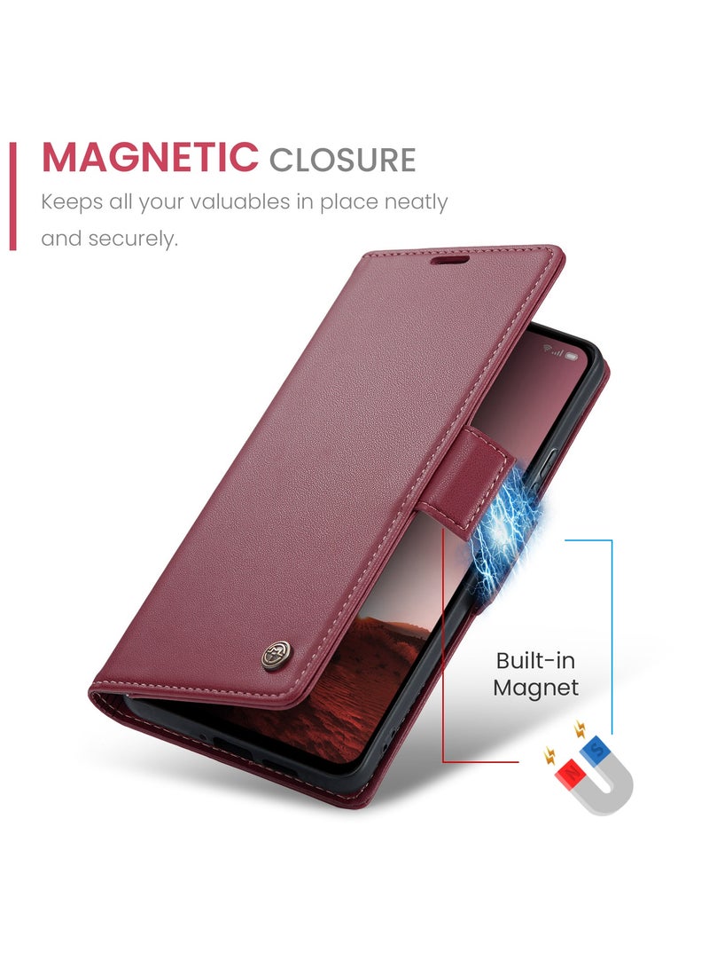CaseMe Phone Case Luxury PU Leather Design Anti Fingerprint 023 Flip Cover Card Slot Holder Cover For Oppo Reno 13F  (Red) - Image 3
