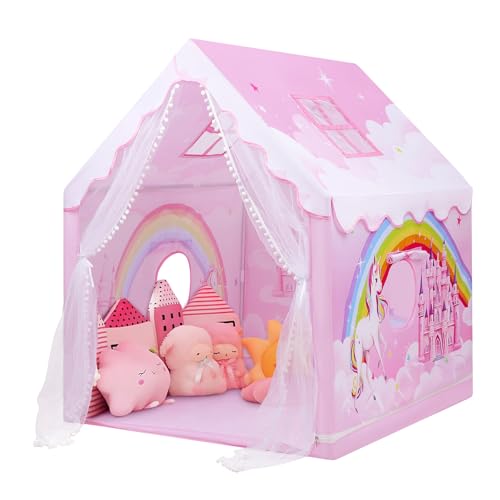 Decalsweet Kids Play Tent Pink Princess Tent for Girls Large and Foldable Kids Playhouse with Windows Portable and Lightweight Playtent Indoor Outdoor for Gift to Toddlers - Image 1