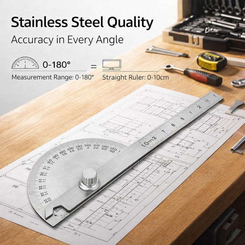 Adjustable Angle Protractor Stainless Steel, 0-180 Degree Angle Measure Tool, 0-10cm Ruler -, Durable Construction, Ideal for Woodworking and Drafting - Image 3