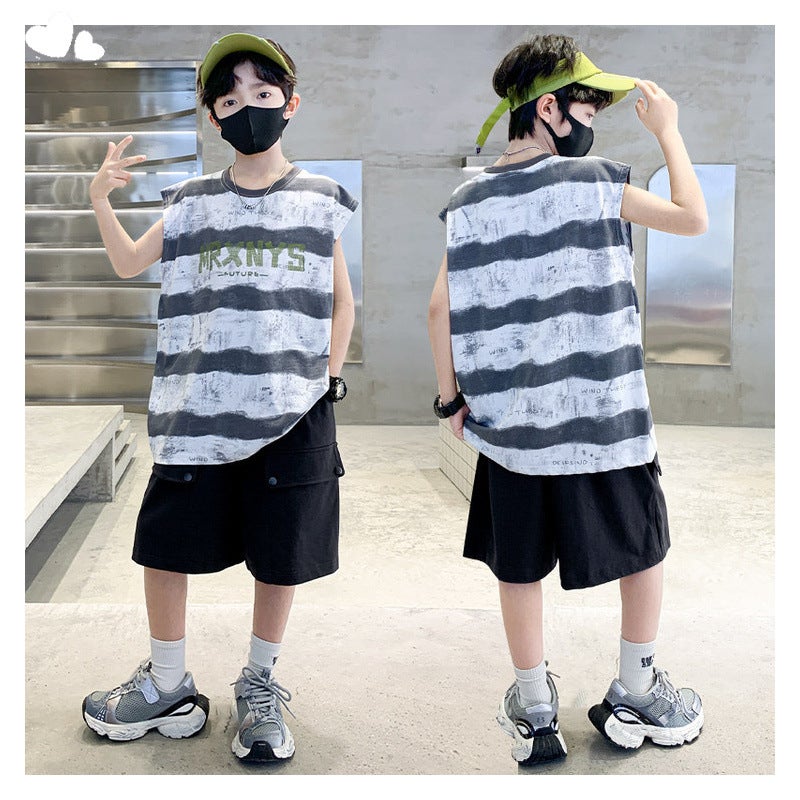 Boys' Summer Letter Vest Set 2025 New Style for Older Children, Summer Children's Shorts Boys' Two-Piece Set Cross-Border - Image 2