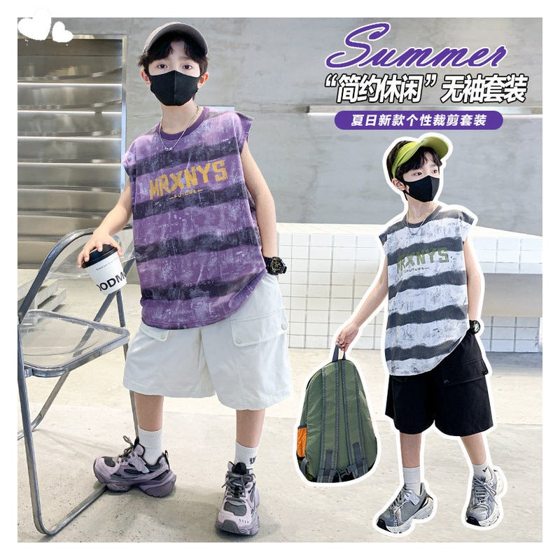 Boys' Summer Letter Vest Set 2025 New Style for Older Children, Summer Children's Shorts Boys' Two-Piece Set Cross-Border - Image 4