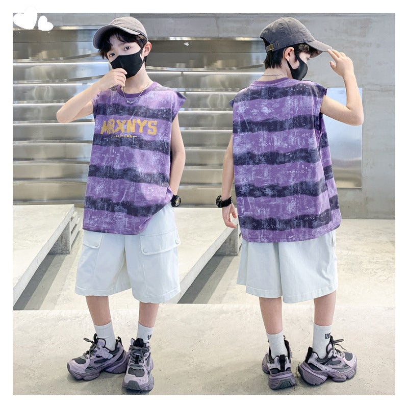 Boys' Summer Letter Vest Set 2025 New Style for Older Children, Summer Children's Shorts Boys' Two-Piece Set Cross-Border - Image 3