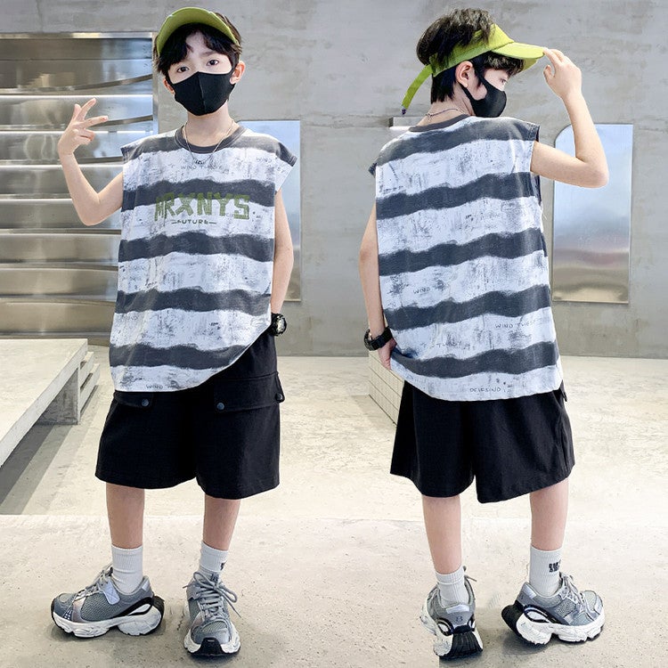 Boys' Summer Letter Vest Set 2025 New Style for Older Children, Summer Children's Shorts Boys' Two-Piece Set Cross-Border - Image 1