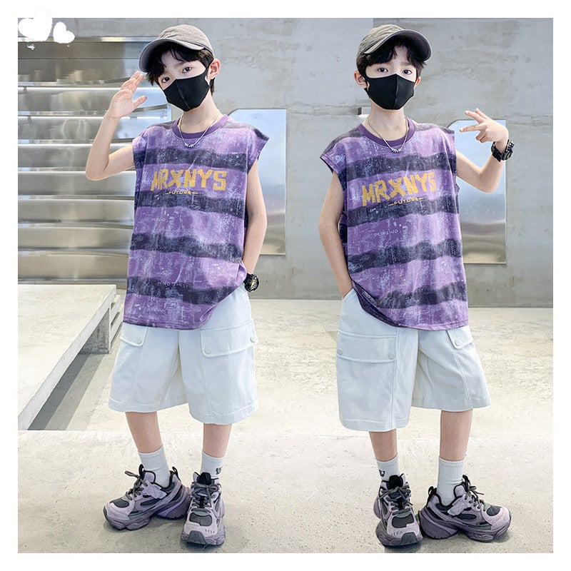 Boys' Summer Letter Vest Set 2025 New Style for Older Children, Summer Children's Shorts Boys' Two-Piece Set Cross-Border - Image 5