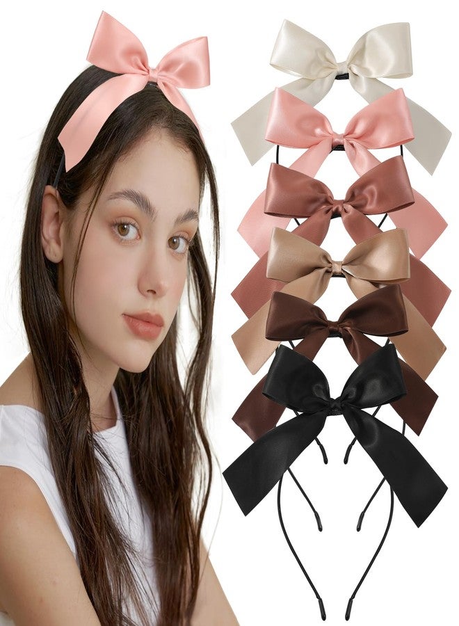 Glaudmeiss 6PCS Bow Headbands, Hair Bows for Women Girls, Silky Satin Ribbon Tails, Neutral Color Cute Bows Hair Bands, Cute Barrettes Aesthetic Hair Accessories Gifts - Image 1