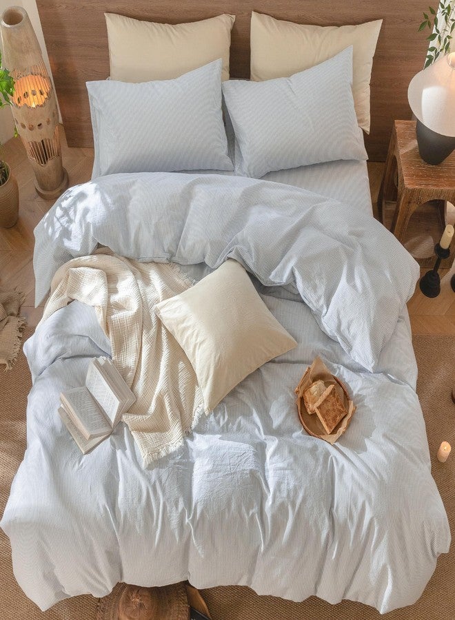 MooMee Striped Duvet Cover Set 100% Washed Cotton Linen Like Textured Breathable Durable Soft Comfy (Cornflower Blue White Pinstripes, Palatial King/Oversized King 120"x98") - Image 5