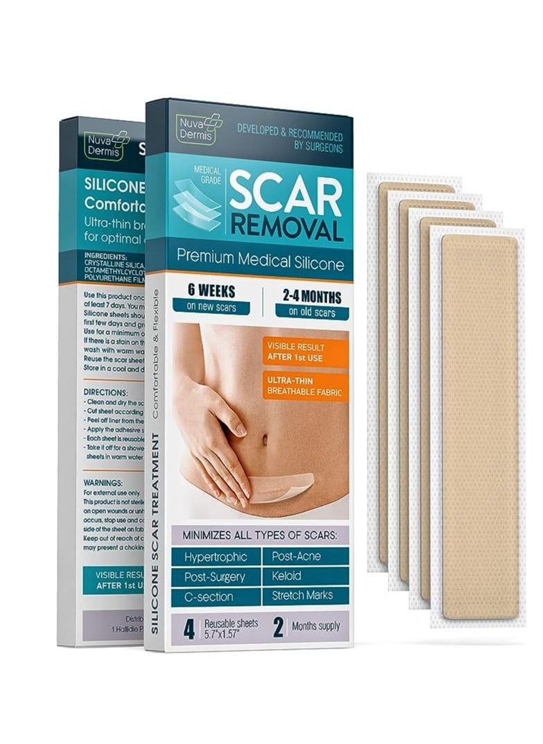 Nuvadermis - NUVADERMIS Silicone Scar Sheets - Dermatologically Tested - For Surgery, Keloid, C-Section Scars - 4 Pack - Image 1