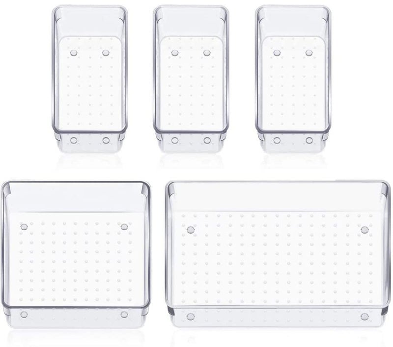 RABBONIX Drawer Organizer Storage Bins With Various Size for Kitchen, Office, Bathroom, Vanity Makeup Organiser (05 Pcs Set, Transparent) - Image 1