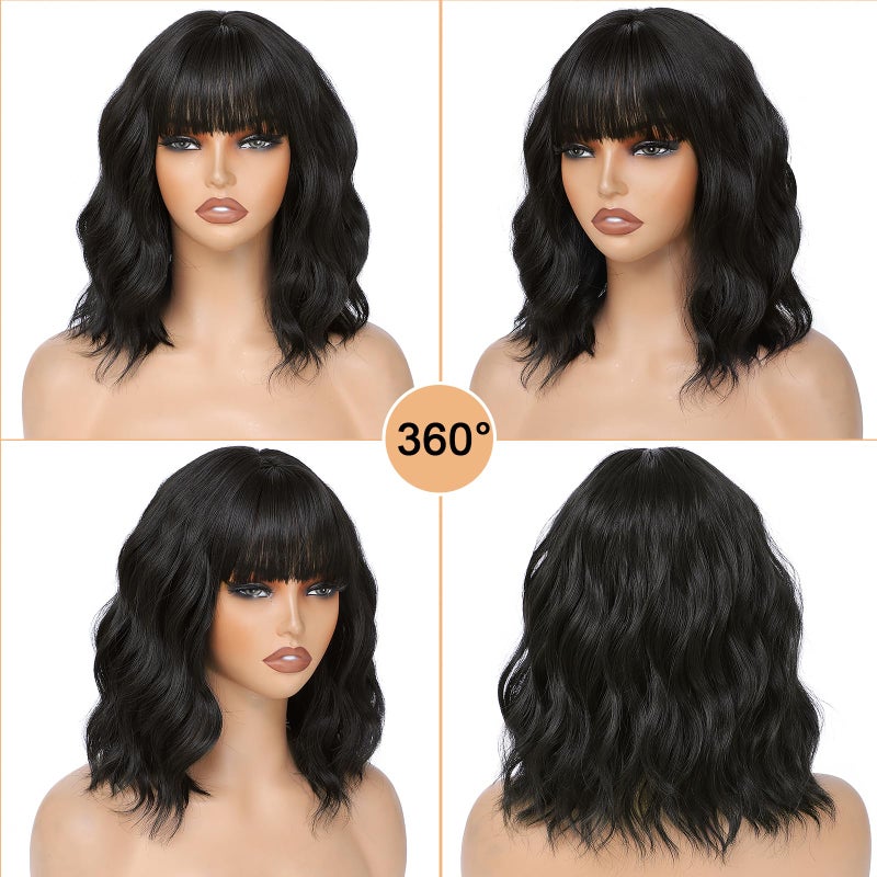 AGO Natural Black Wigs with Bangs Short Bob Wig Shoulder Length Synthetic Hair for Women Girl Loose Wavy Wig Heat Resistant Fiber Hair for Daily Party Halloween Cosplay Use(2/4#Black) - Image 4