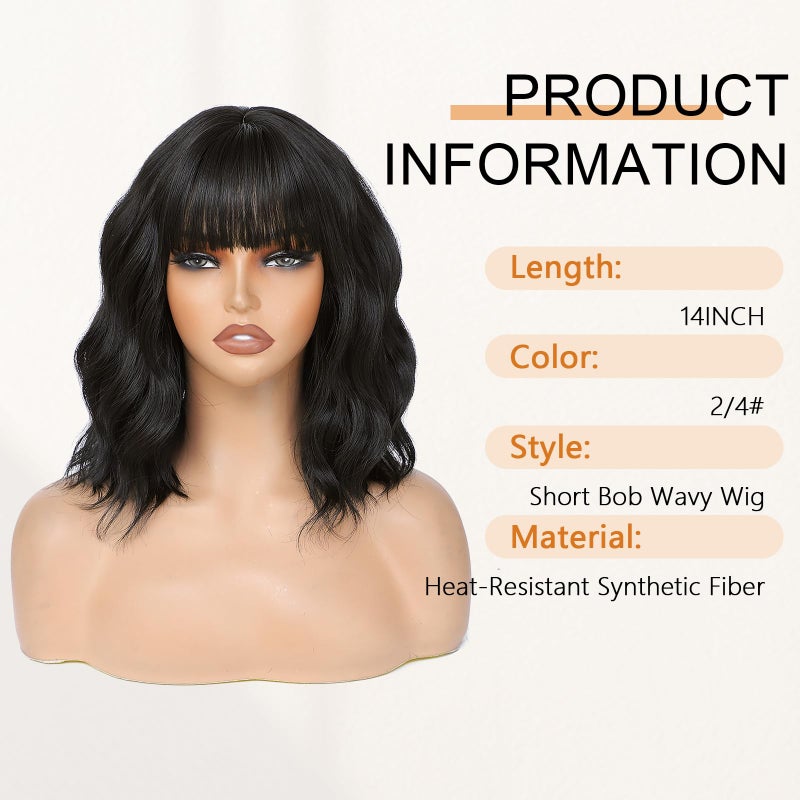 AGO Natural Black Wigs with Bangs Short Bob Wig Shoulder Length Synthetic Hair for Women Girl Loose Wavy Wig Heat Resistant Fiber Hair for Daily Party Halloween Cosplay Use(2/4#Black) - Image 2