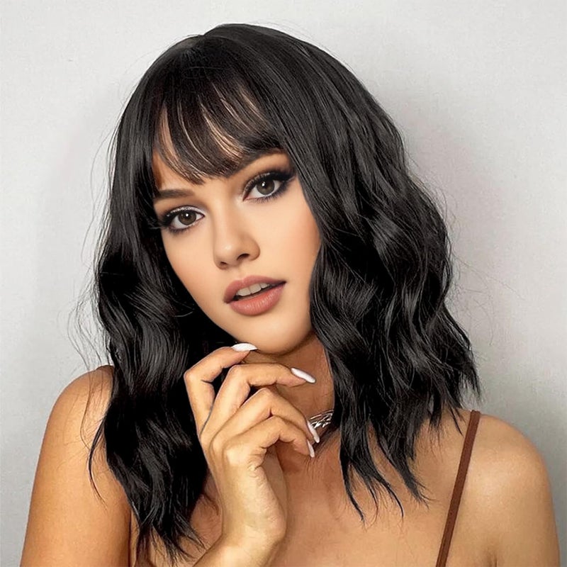 AGO Natural Black Wigs with Bangs Short Bob Wig Shoulder Length Synthetic Hair for Women Girl Loose Wavy Wig Heat Resistant Fiber Hair for Daily Party Halloween Cosplay Use(2/4#Black) - Image 1