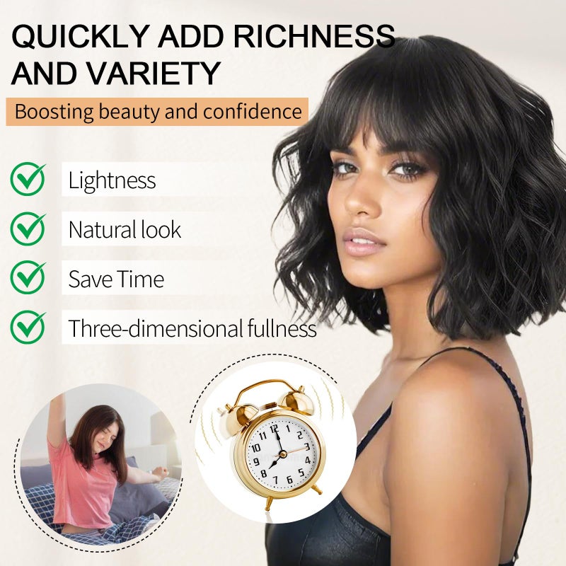 AGO Natural Black Wigs with Bangs Short Bob Wig Shoulder Length Synthetic Hair for Women Girl Loose Wavy Wig Heat Resistant Fiber Hair for Daily Party Halloween Cosplay Use(2/4#Black) - Image 3