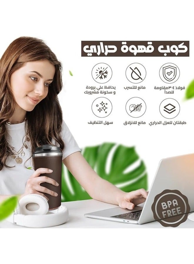 كوب قهوة من الفولاذ المقاوم للصدأ مفرغ من الهواء للحفاظ على المشروبات ساخنة وباردة، كوب قهوة حراري مزدوج الجدار خالٍ من مادة BPA، مقاوم للانزلاق والتسرب، لا ينسكب أبدًا (أبيض، 500 مل) - Image 3