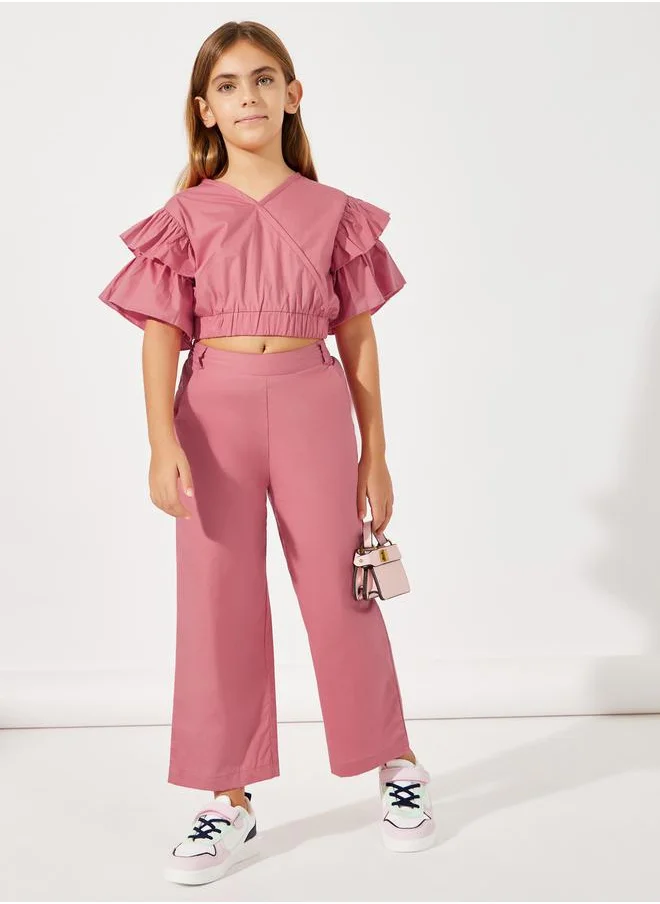 Styli Layered Sleeve Crop Top & Wide Leg Pants Set