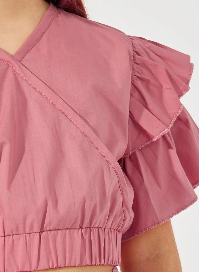 Styli Layered Sleeve Crop Top & Wide Leg Pants Set