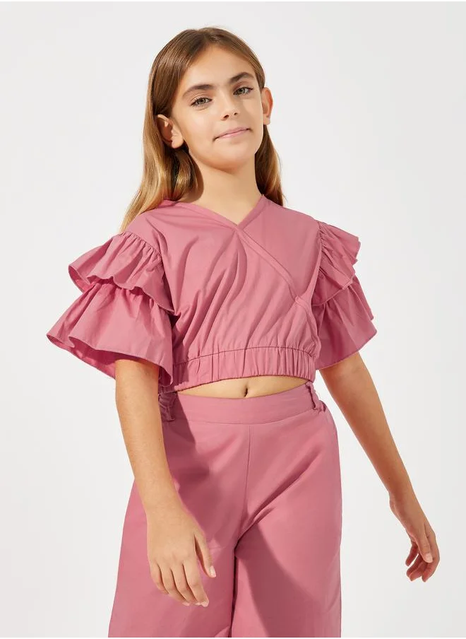 Styli Layered Sleeve Crop Top & Wide Leg Pants Set