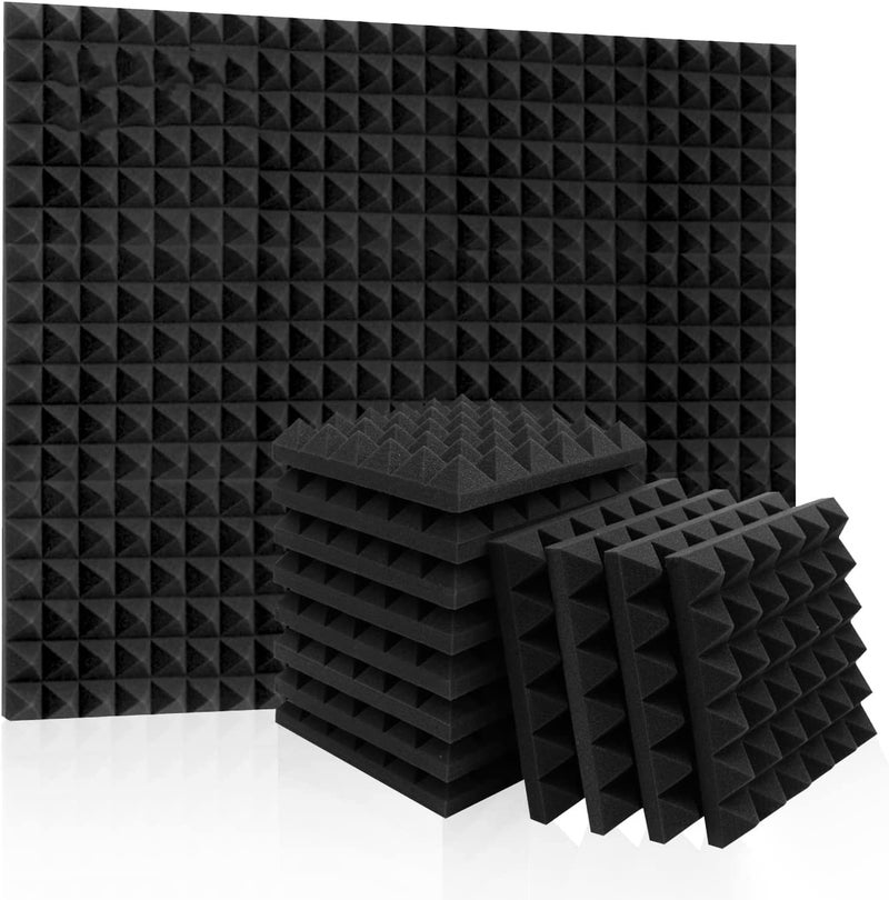 Device Of Urban Infotech ألواح فوم صوتي هرمية لامتصاص الصوت في الاستوديو، ألواح عازلة للصوت بكثافة عالية للجدران، تقليل صدى الضوضاء (1 × 1 قدم (عبوة من 18، أسود) - Image 1