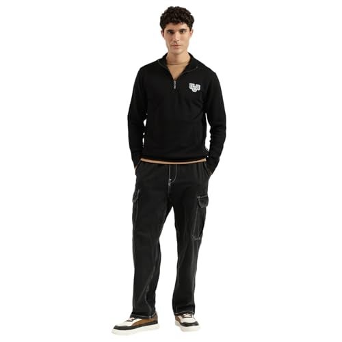 United Colors of Benetton Regular Fit Mock Neck Solid Terry Sweatshirt (Size : L) - 25A3P29J3457I100 Black - Image 4