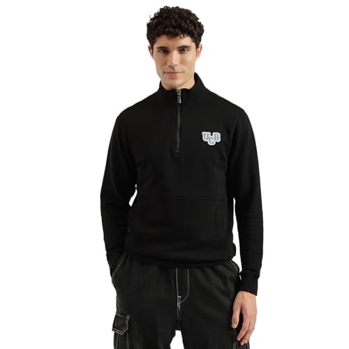 United Colors of Benetton Regular Fit Mock Neck Solid Terry Sweatshirt (Size : L) - 25A3P29J3457I100 Black - Image 1